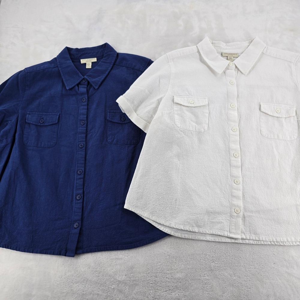 Appleseed's Petites Shirt Women PXL Button Down Navy White Textured 2pk Bundle